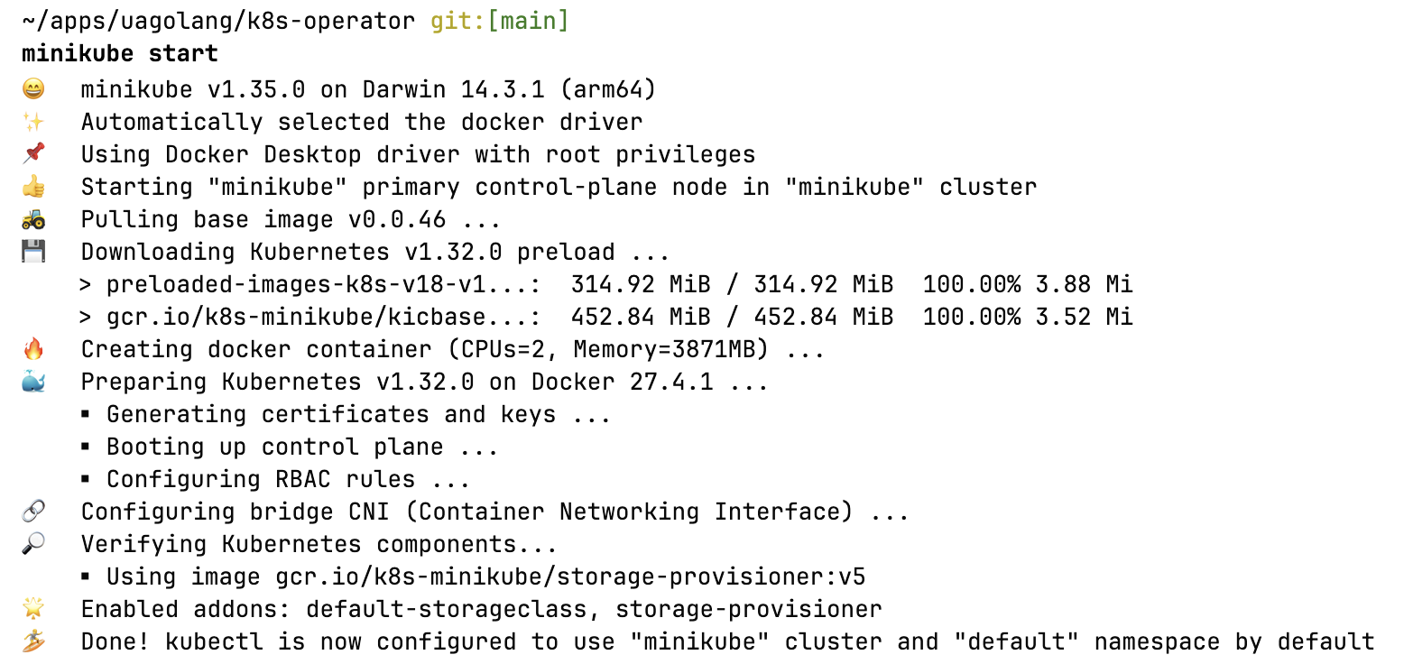 start minikube command output