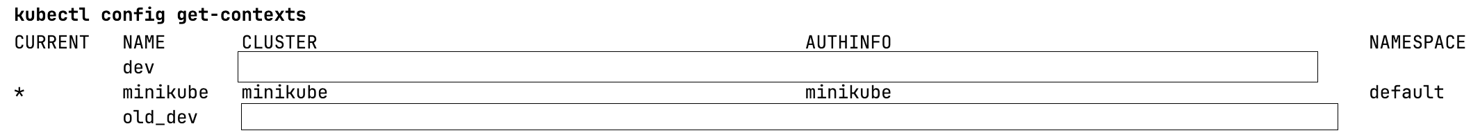 List of contexts (connections to k8s clusters) with the selected one